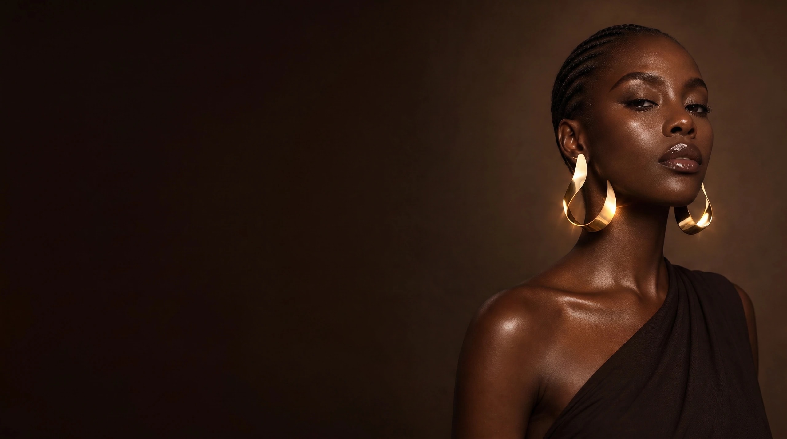 A model wearing sculptural gold hoop earrings